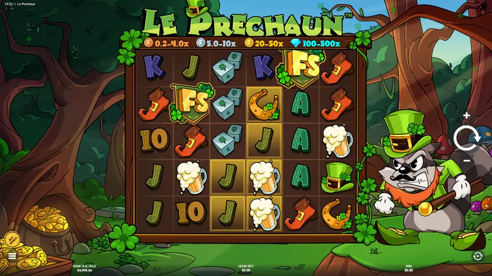 Le Prechaun base game grid with cluster pays symbols on green Irish hills