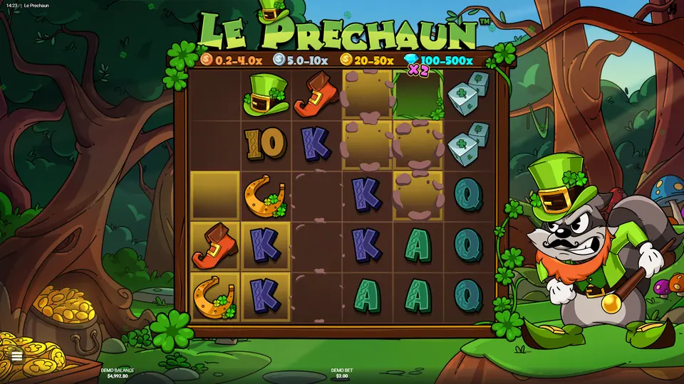 Rainbow symbol activating golden squares with coin prizes in Le Prechaun